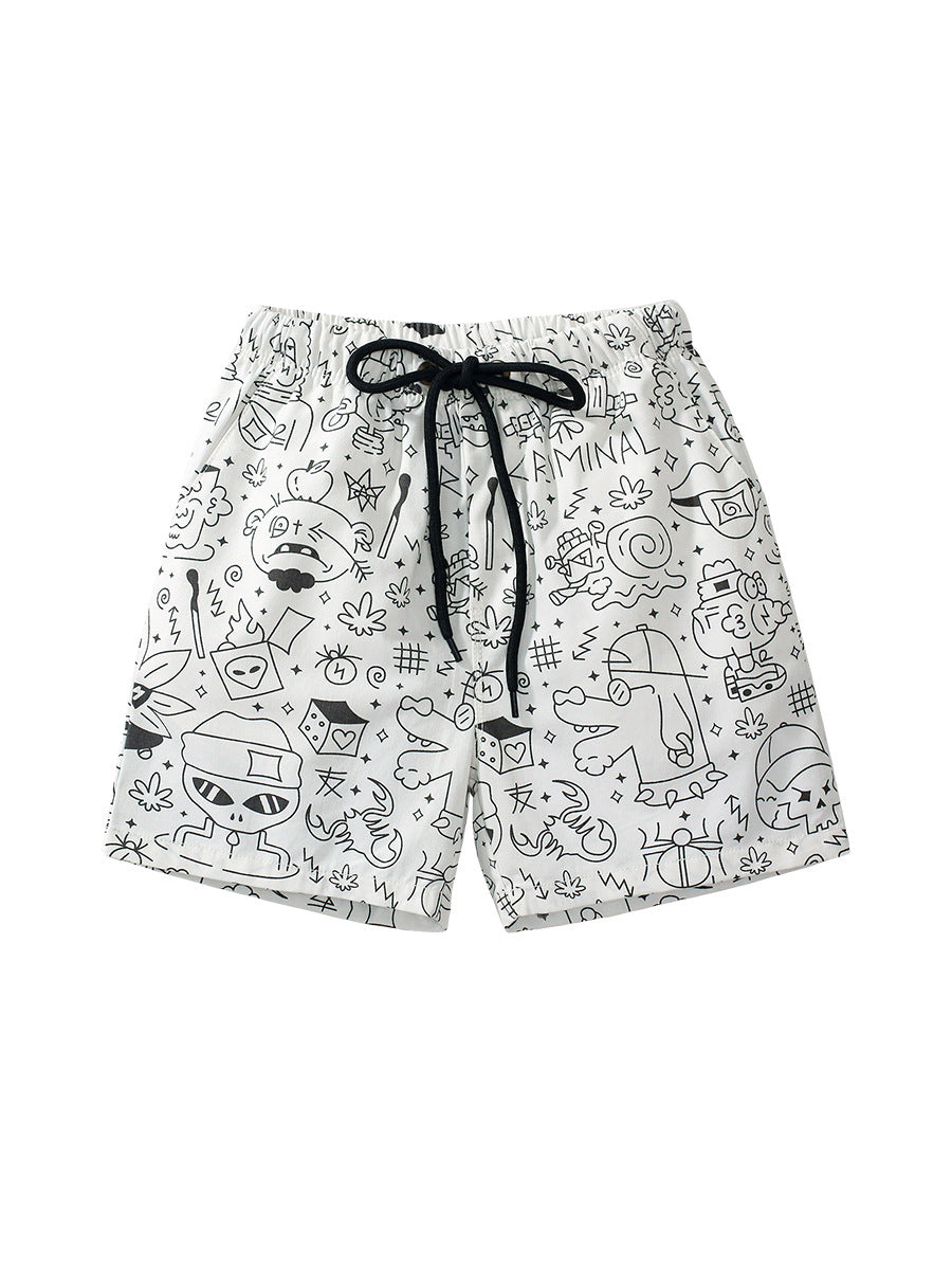 Boys Stylish Doodle Print Casual Shorts in white cotton with cartoon patterns, perfect for summer wear.