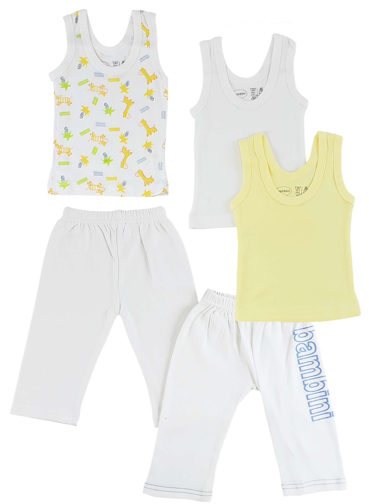 A collection of boys' sleeveless tank tops and track sweatpants made from 100% cotton, showcasing their vibrant colors and comfortable design.