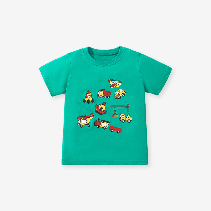 Boys’ Vehicles Print T-Shirt in green cotton with cartoon vehicle design, perfect for summer wear.