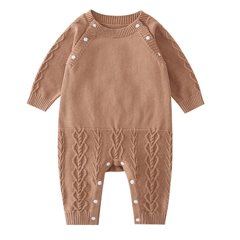 A soft brown knitted romper for babies, featuring long sleeves and a solid color design, perfect for both baby girls and boys.