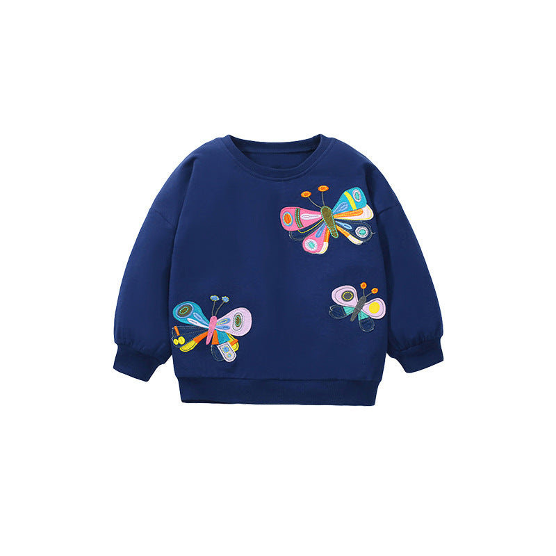 A navy blue soft cotton hoodie featuring a butterfly pattern, designed for young girls, perfect for autumn and spring wear.