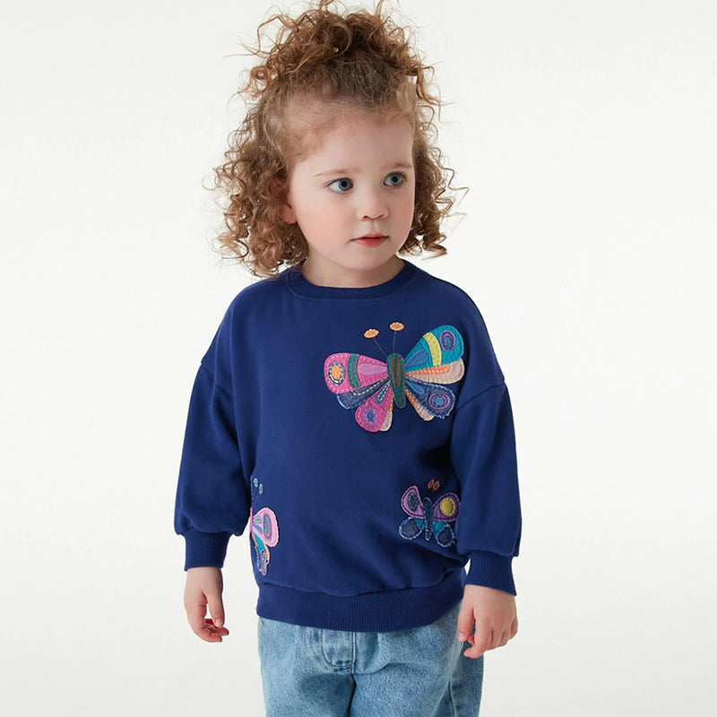 A navy blue soft cotton hoodie featuring a butterfly pattern, designed for young girls, perfect for autumn and spring wear.