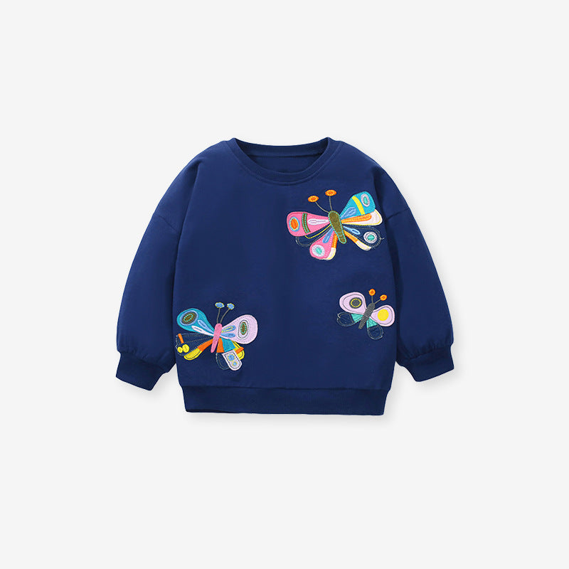 A navy blue soft cotton hoodie featuring a butterfly pattern, designed for young girls, perfect for autumn and spring wear.