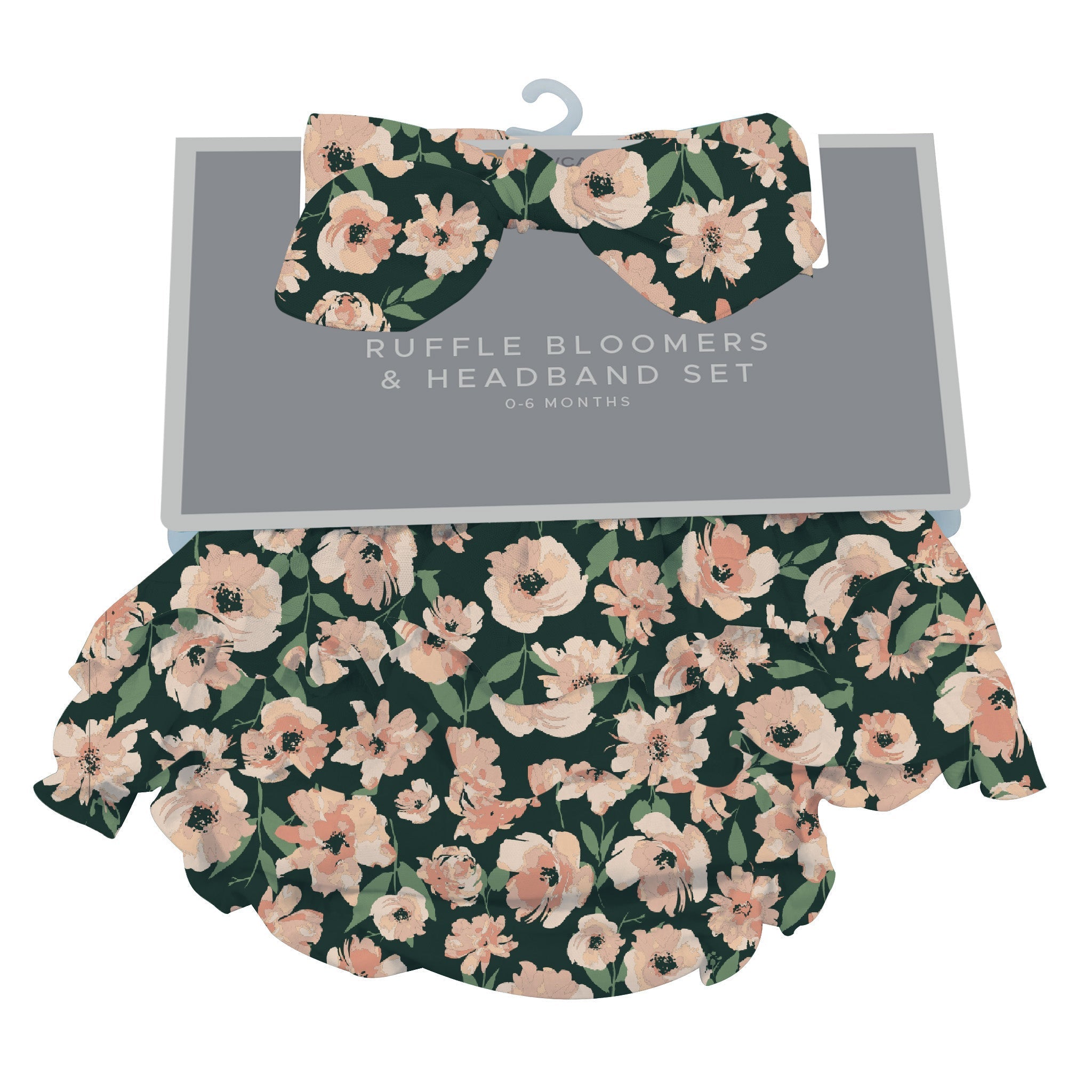 Canyon Sunset Flowers Ruffle Bloomers and Headband Set for infants, featuring a floral pattern and soft bamboo fabric.