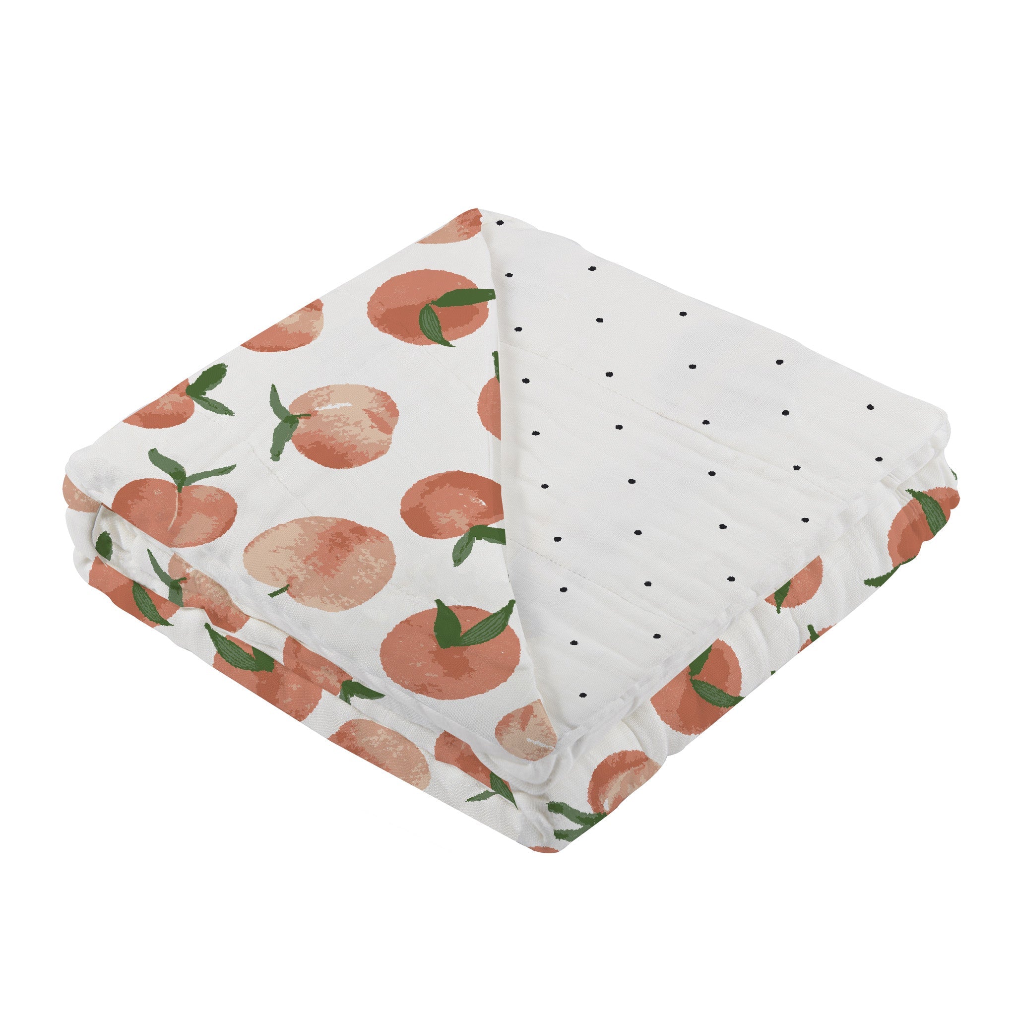 Carnelian Peaches and Black and White Polka Dot Newcastle Blanket, showcasing its soft bamboo muslin fabric and playful polka dot design.