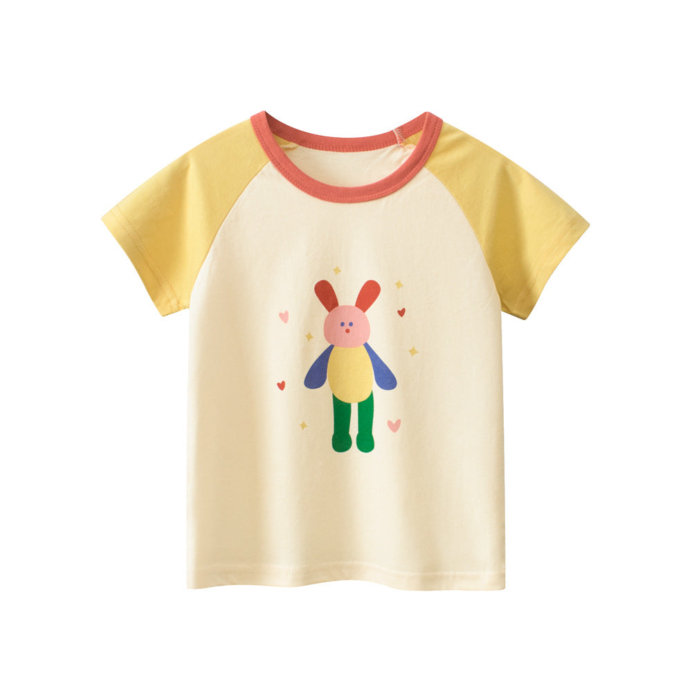 Cartoon Print Girls’ T-Shirt in navy blue, yellow, and beige colors, showcasing a playful design suitable for summer wear.
