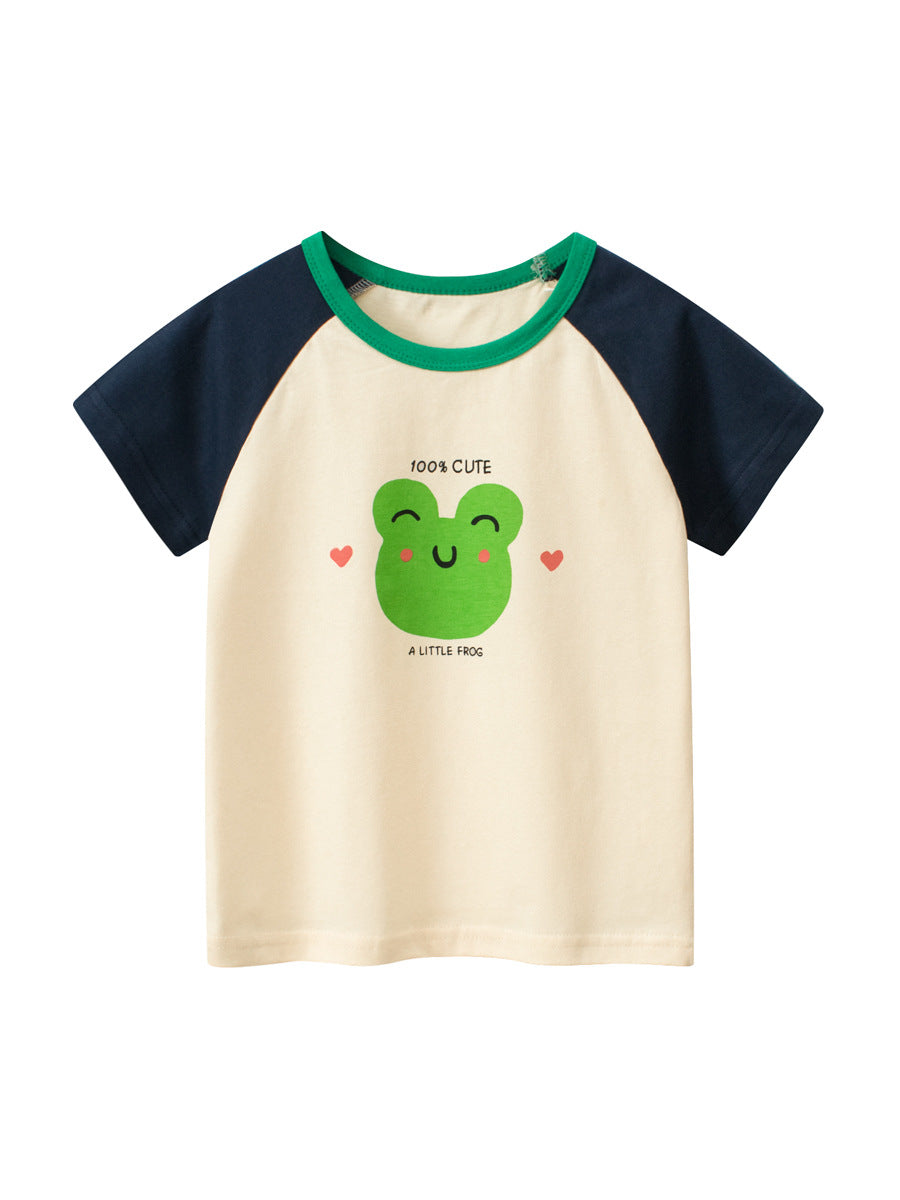 Cartoon Print Girls’ T-Shirt in navy blue, yellow, and beige colors, showcasing a playful design suitable for summer wear.