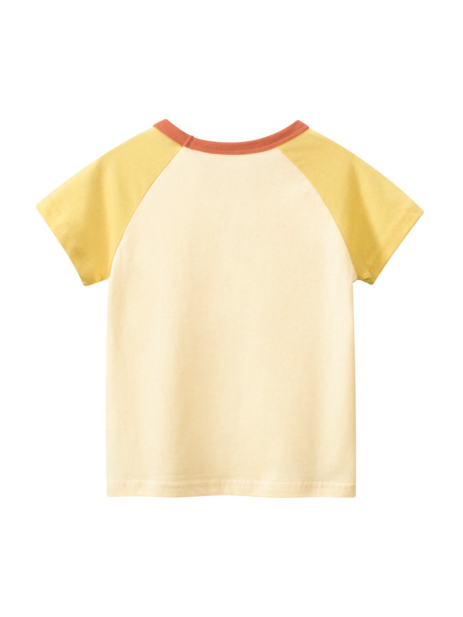 Cartoon Print Girls’ T-Shirt in navy blue, yellow, and beige colors, showcasing a playful design suitable for summer wear.