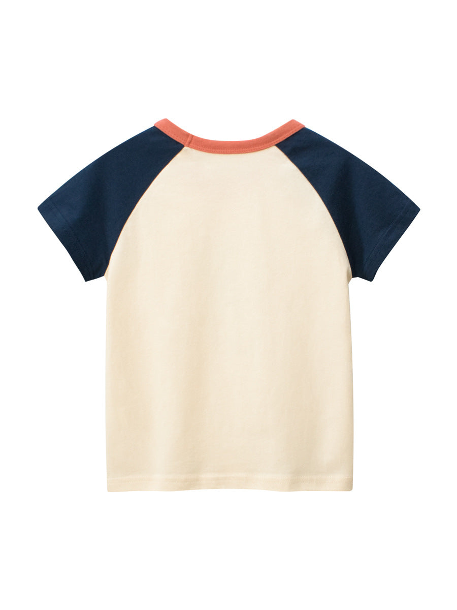 Cartoon Print Girls’ T-Shirt in navy blue, yellow, and beige colors, showcasing a playful design suitable for summer wear.