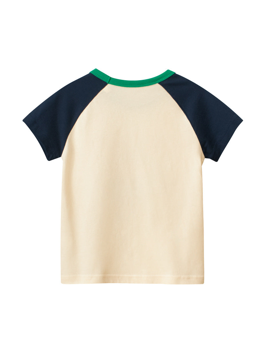 Cartoon Print Girls’ T-Shirt in navy blue, yellow, and beige colors, showcasing a playful design suitable for summer wear.