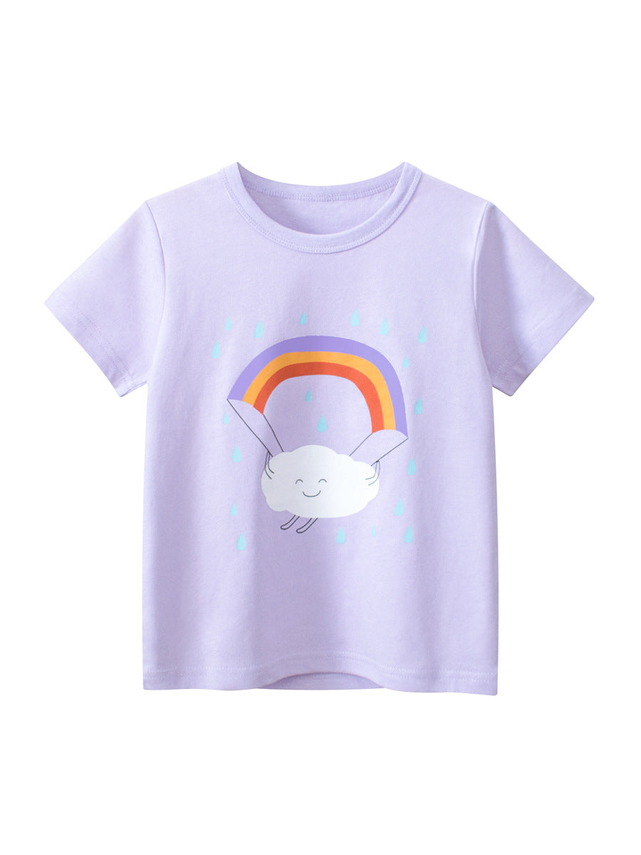 A vibrant purple girls' t-shirt featuring a cartoon rainbow cloud print, perfect for summer wear.