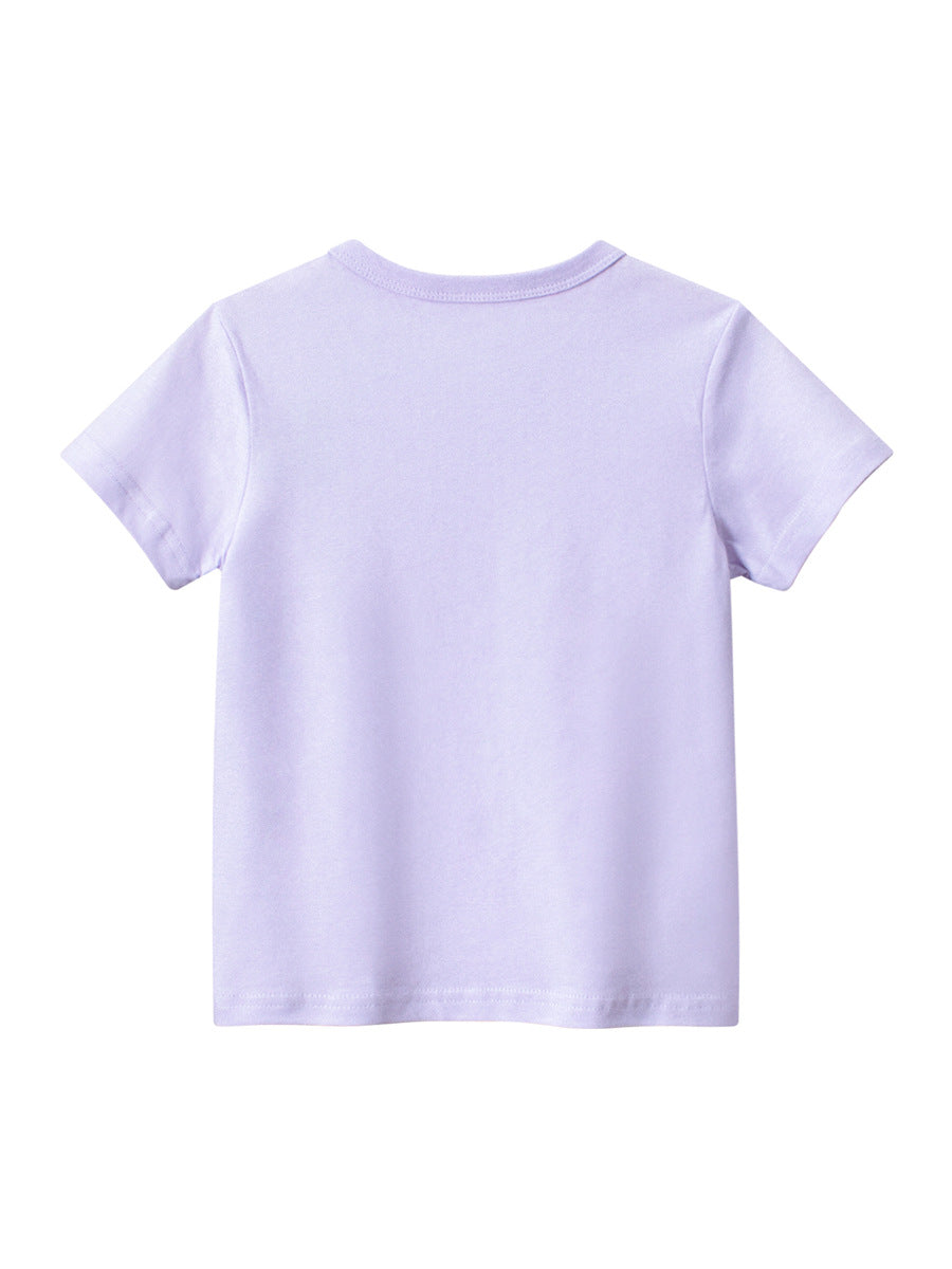 A vibrant purple girls' t-shirt featuring a cartoon rainbow cloud print, perfect for summer wear.