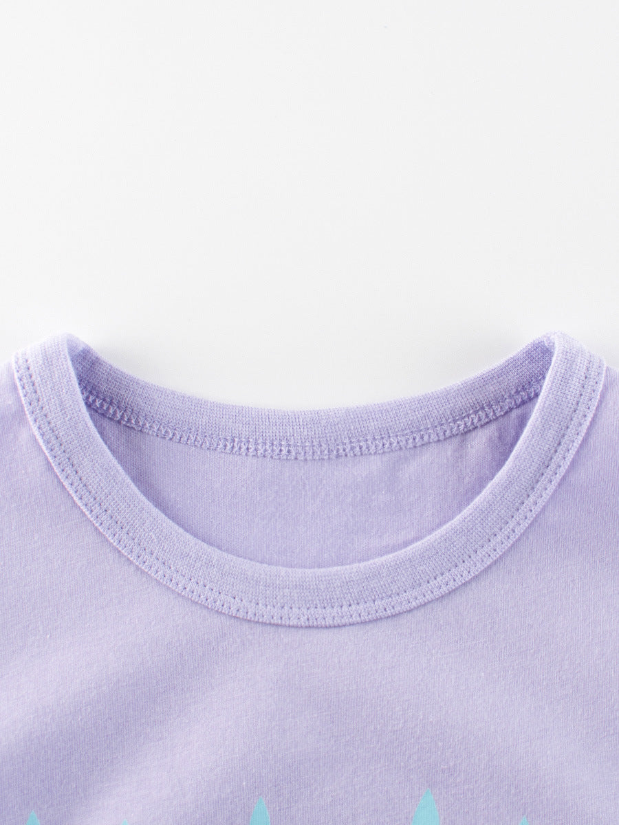 A vibrant purple girls' t-shirt featuring a cartoon rainbow cloud print, perfect for summer wear.