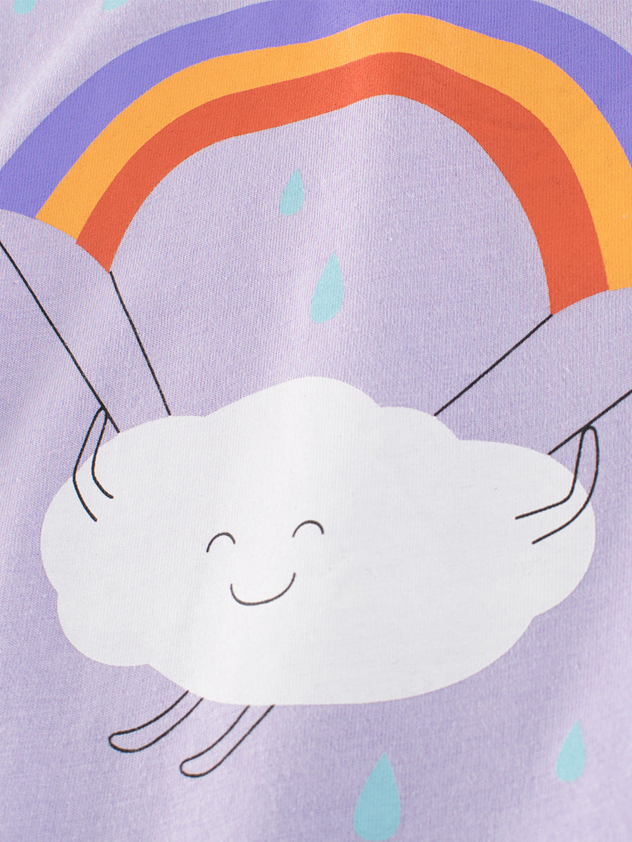 A vibrant purple girls' t-shirt featuring a cartoon rainbow cloud print, perfect for summer wear.