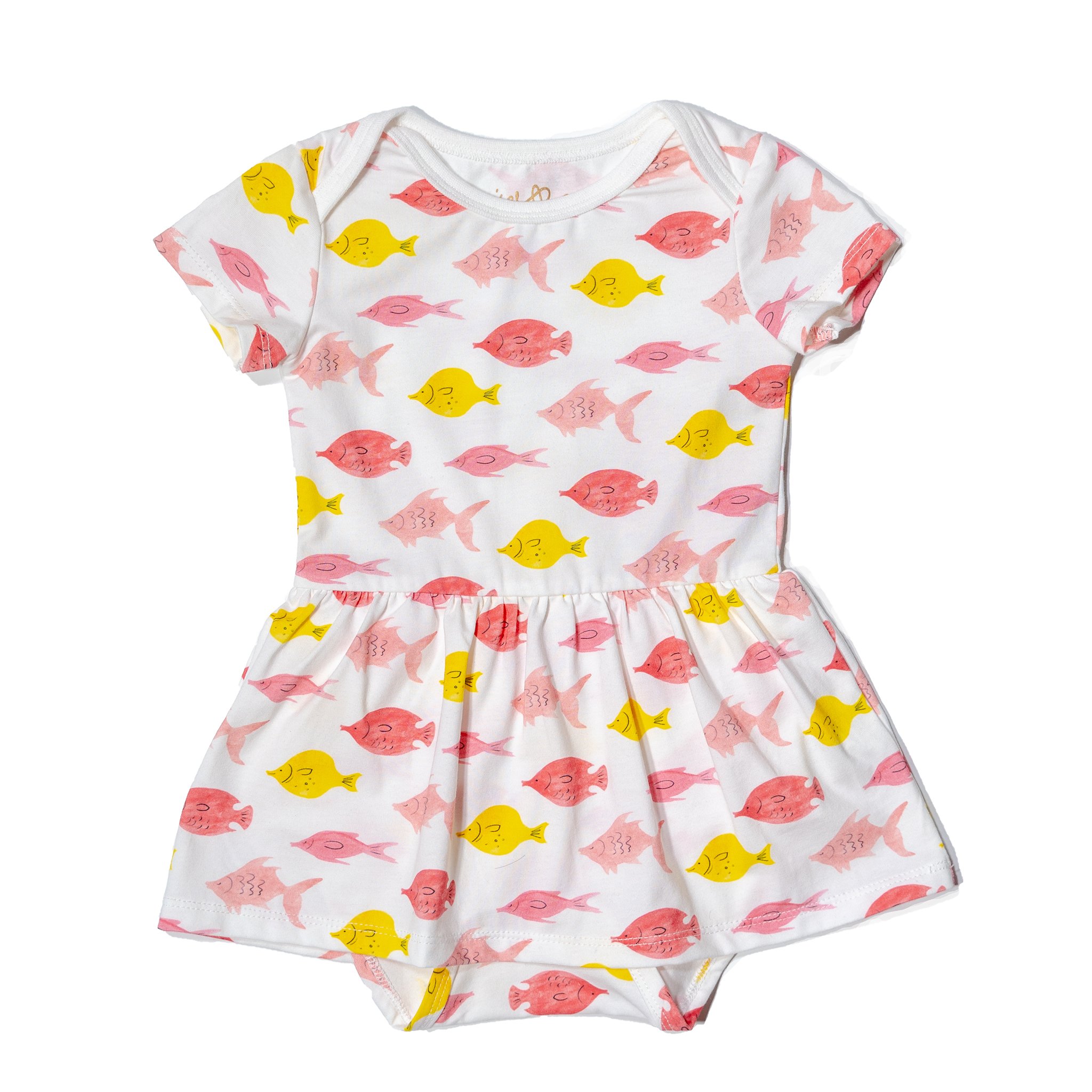 Charlie onesie dress featuring a playful fish print, made from soft cotton with short sleeves and snap bottom for easy changes.