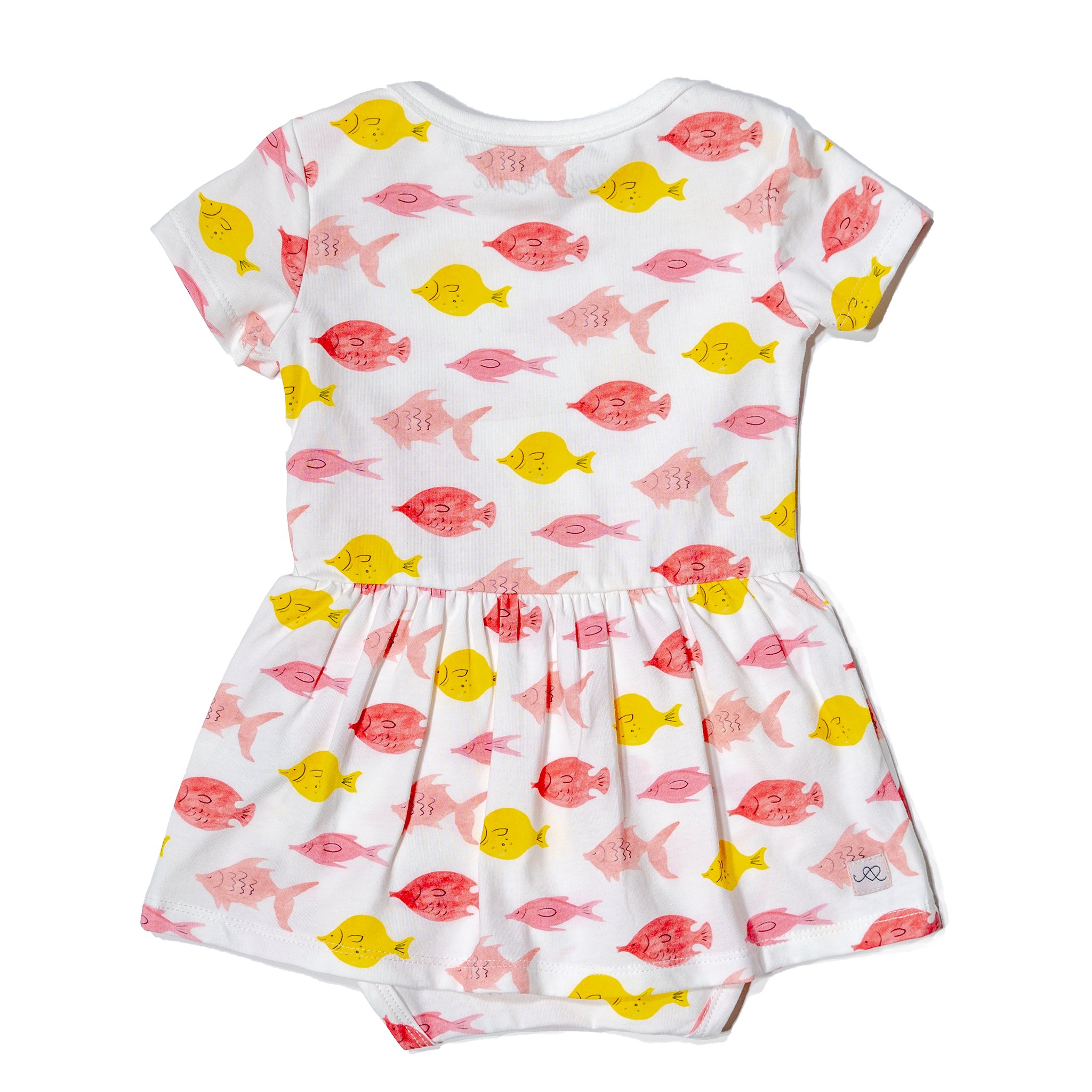 Charlie onesie dress featuring a playful fish print, made from soft cotton with short sleeves and snap bottom for easy changes.