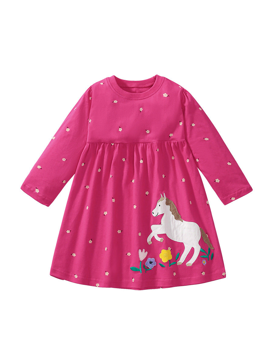 A vibrant red long sleeve shirt for girls featuring cartoon flowers and horse patterns, made from soft cotton material.