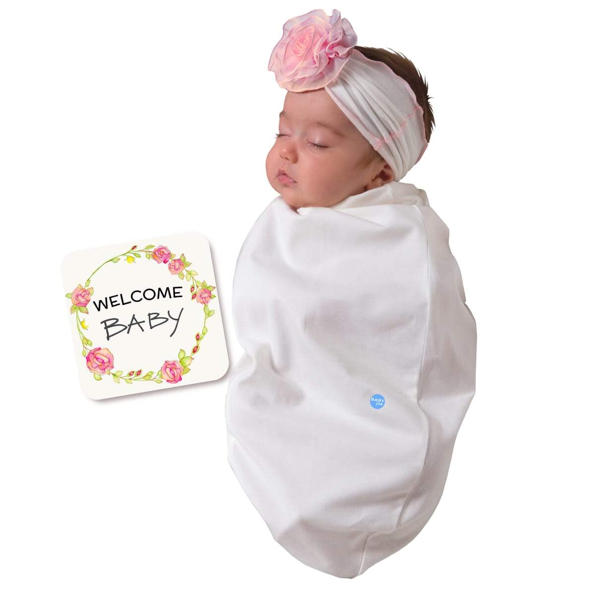 Chiffon Rose baby cocoon swaddle set with matching headpiece and announcement card, designed for newborns.