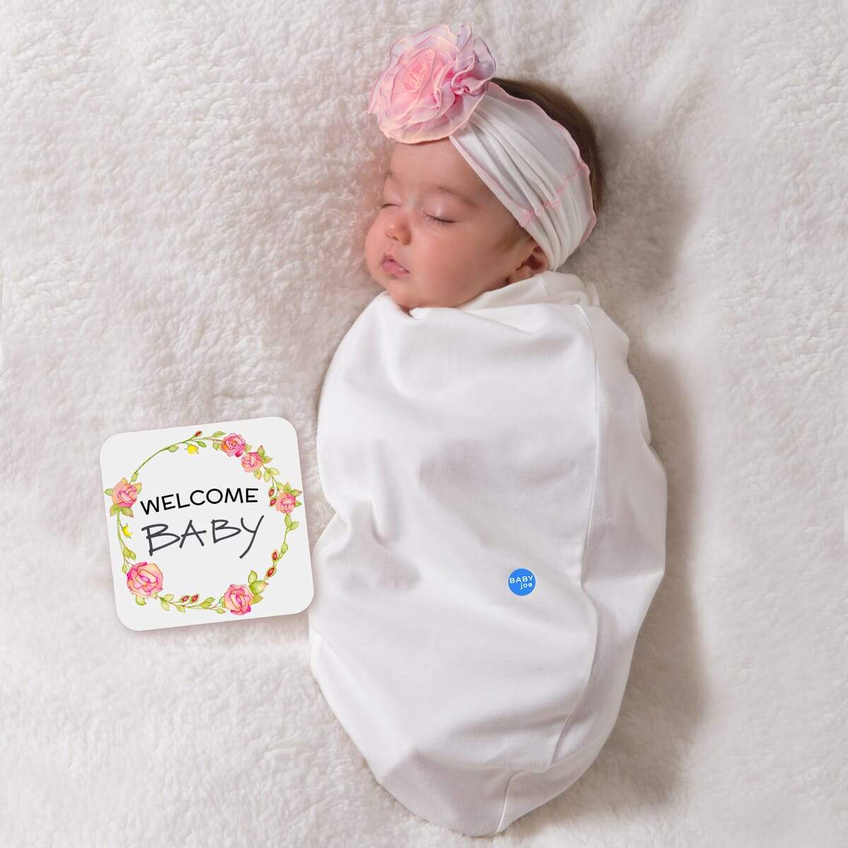 Chiffon Rose baby cocoon swaddle set with matching headpiece and announcement card, designed for newborns.