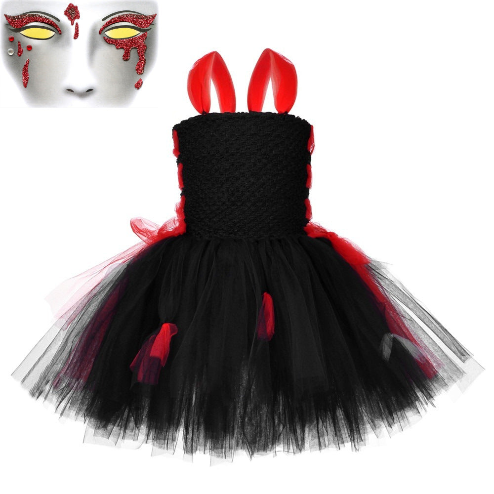 A beautiful sleeveless tulle dress for girls in white, black, and red colors, perfect for Halloween and cosplay events.