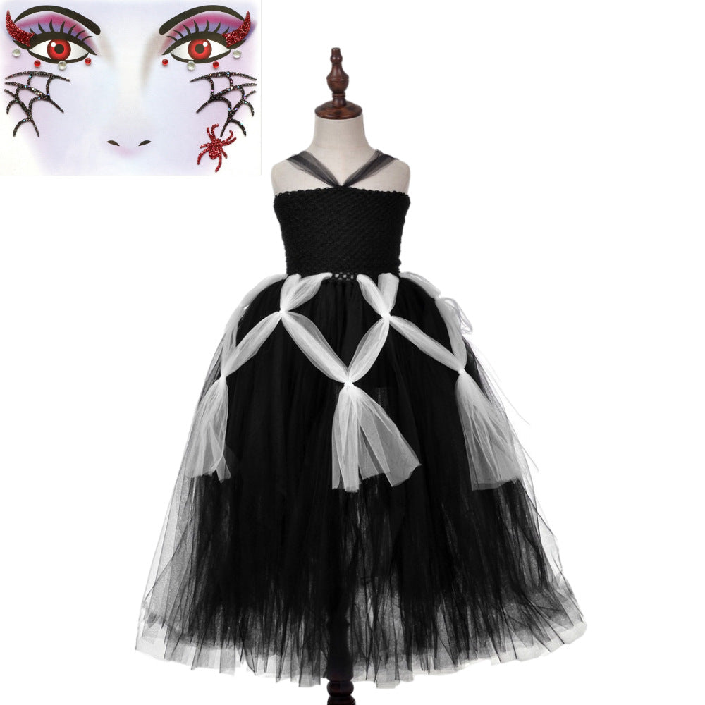 A sleeveless princess tulle dress for girls in black and orange colors, perfect for Halloween and festive occasions.