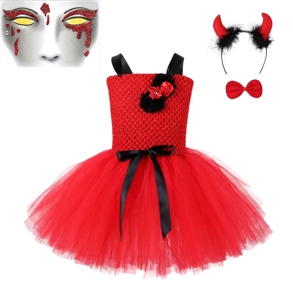 A vibrant sleeveless red tulle dress for girls, perfect for Halloween, featuring a patchwork design and made from a soft polyester blend.