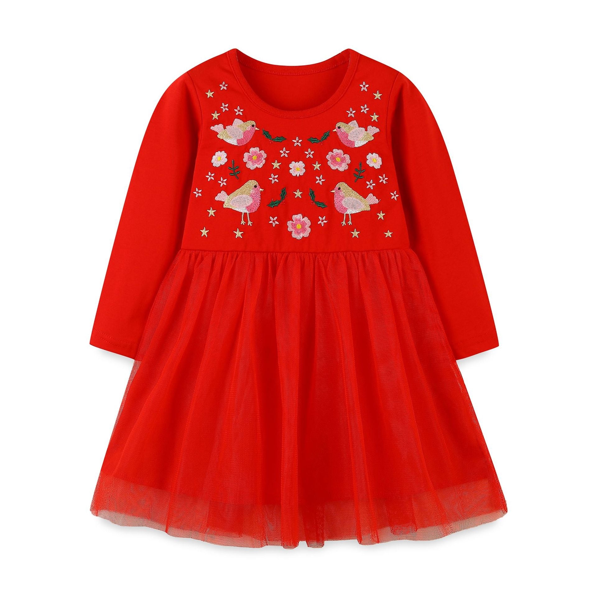 A vibrant red children's dress featuring cute floral and animal embroidery, designed in a European-American style with mesh detailing.