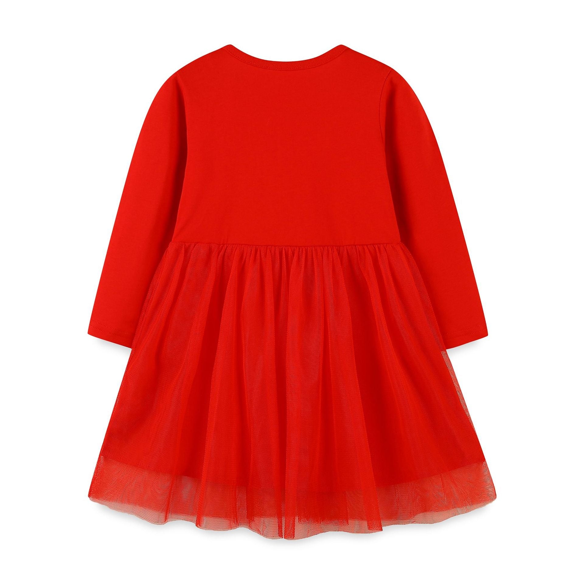 A vibrant red children's dress featuring cute floral and animal embroidery, designed in a European-American style with mesh detailing.