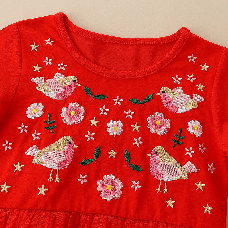A vibrant red children's dress featuring cute floral and animal embroidery, designed in a European-American style with mesh detailing.