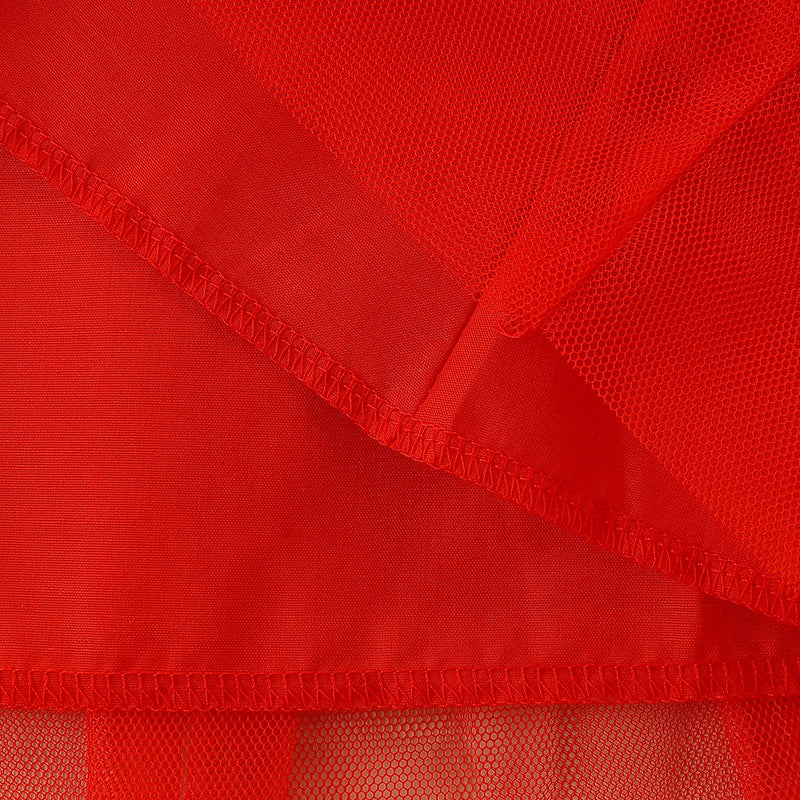 A vibrant red children's dress featuring cute floral and animal embroidery, designed in a European-American style with mesh detailing.