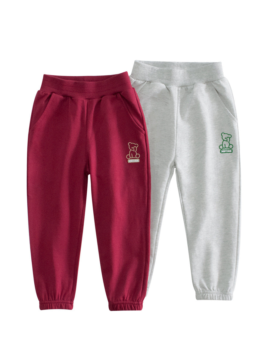 Children's cotton pants featuring a teddy bear cartoon design in red and grey colors, perfect for spring and summer wear.