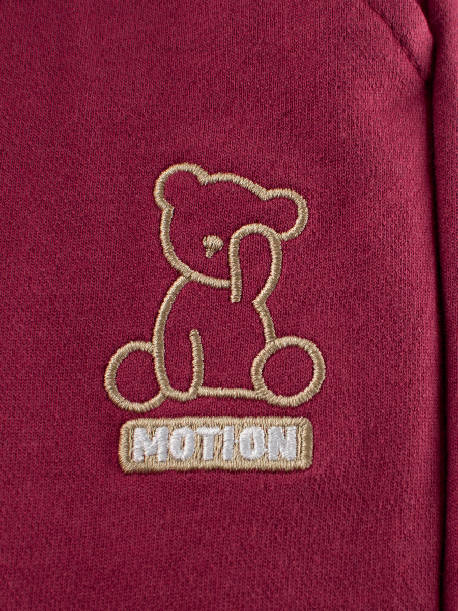 Children's cotton pants featuring a teddy bear cartoon design in red and grey colors, perfect for spring and summer wear.