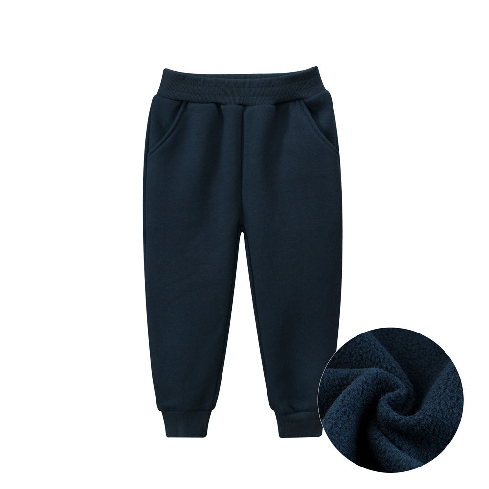 Children's Spring Boys' Solid Color Pants in navy blue, made from soft cotton blend, suitable for casual wear.