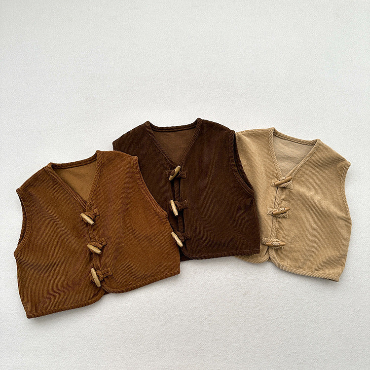 Children's waistcoat in Japanese corduroy, available in yellow, khaki, and coffee, designed for boys and girls.