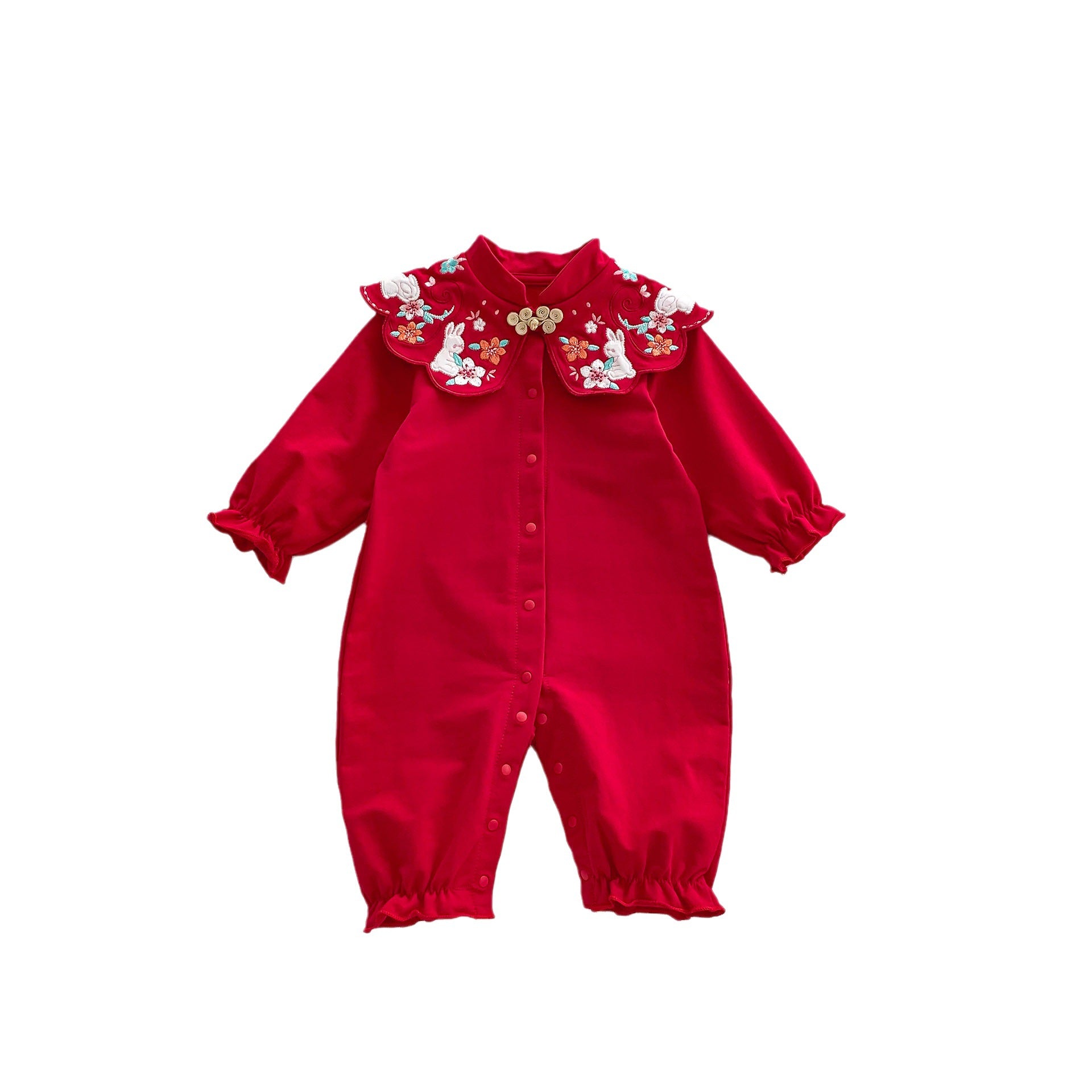 A vibrant red Chinese style romper for baby girls, featuring a floral pattern, perfect for autumn festivals.