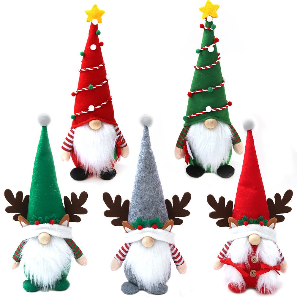 A collection of Christmas Nordic Style Santas Festival Decorative Props in various colors including red, pink, green, and grey, made from cloth and faux fur.