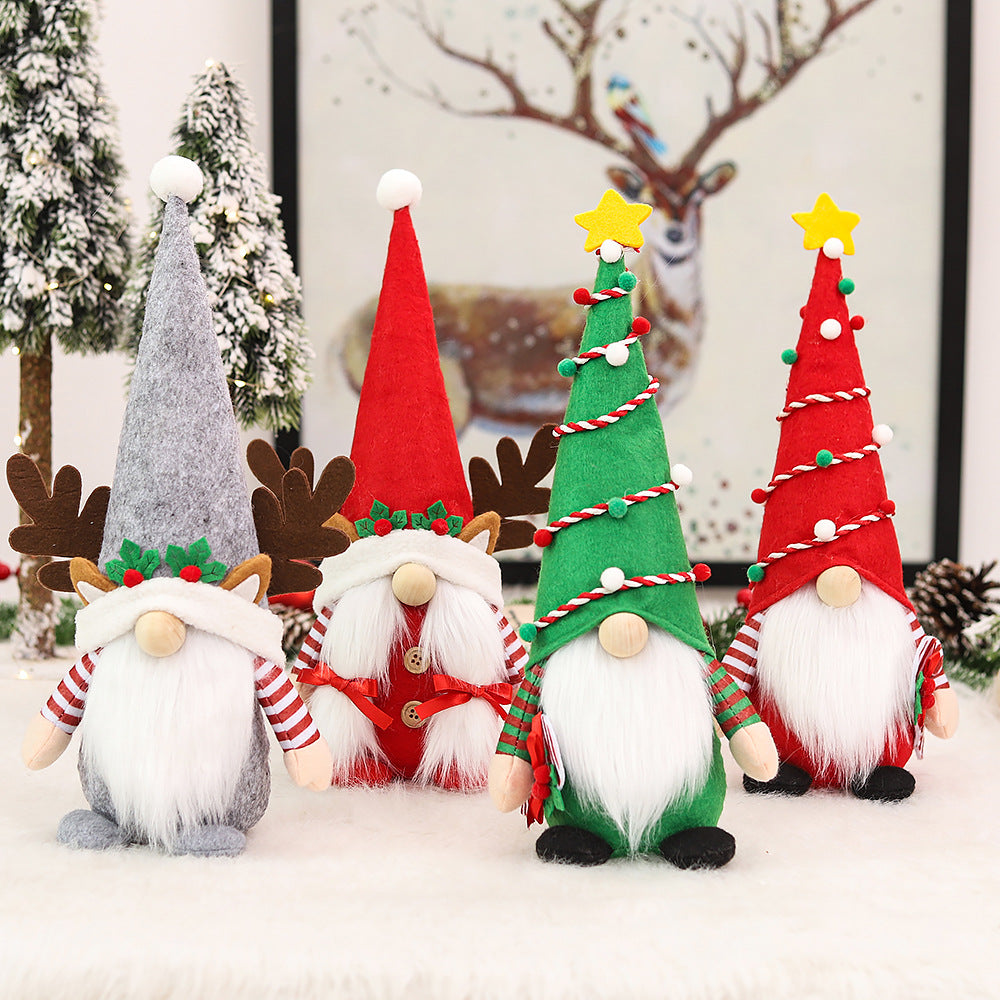A collection of Christmas Nordic Style Santas Festival Decorative Props in various colors including red, pink, green, and grey, made from cloth and faux fur.