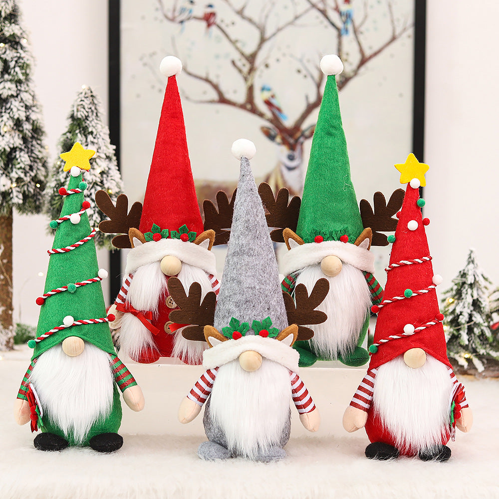 A collection of Christmas Nordic Style Santas Festival Decorative Props in various colors including red, pink, green, and grey, made from cloth and faux fur.