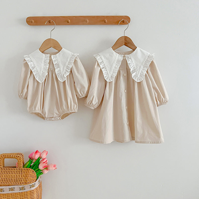 A stylish College Style Big Collar Fashion Onesie in khaki color, made of soft cotton, perfect for baby girls aged 3 months to 8 years.