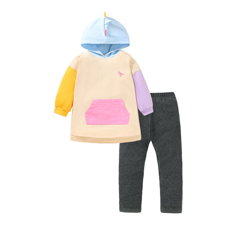 Color Matching Design Hoodie and Leggings Set in pink for girls, featuring cartoon and patchwork designs.