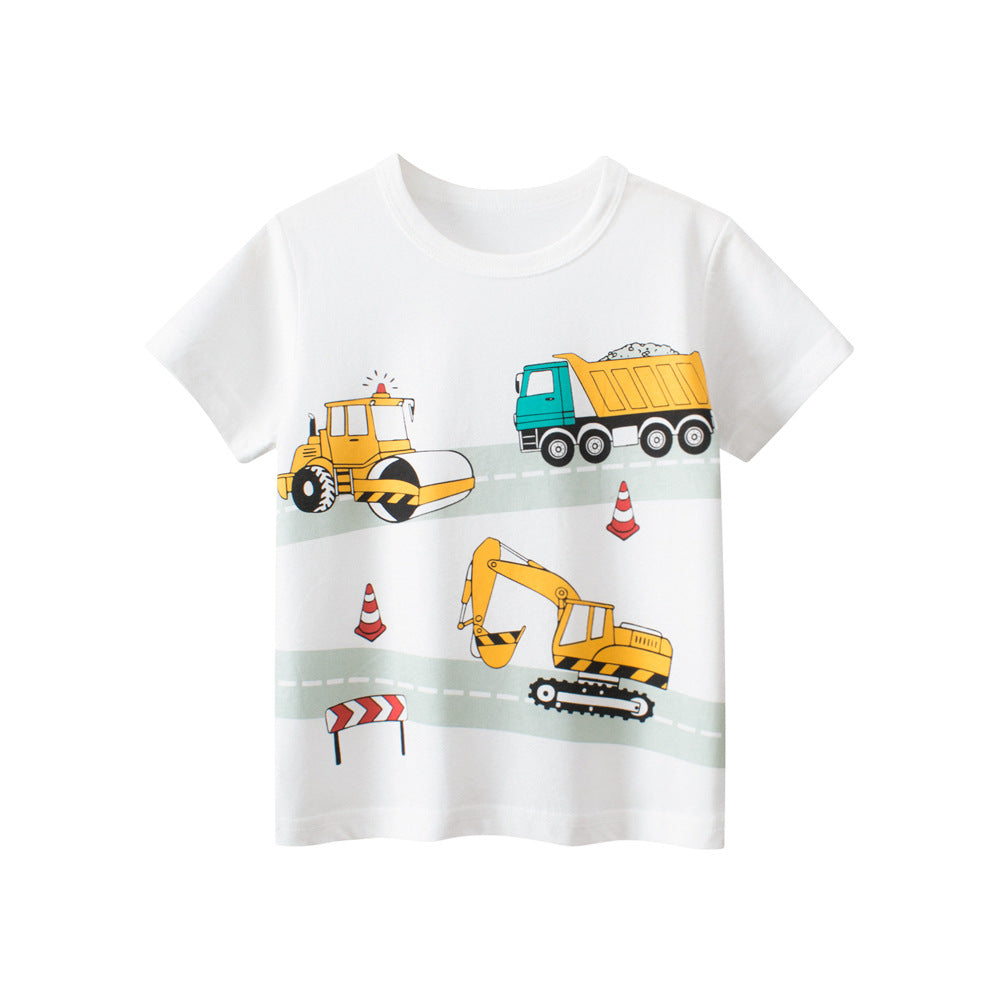 Boys T-Shirt featuring colorful construction vehicles print on a white cotton fabric, perfect for summer wear.