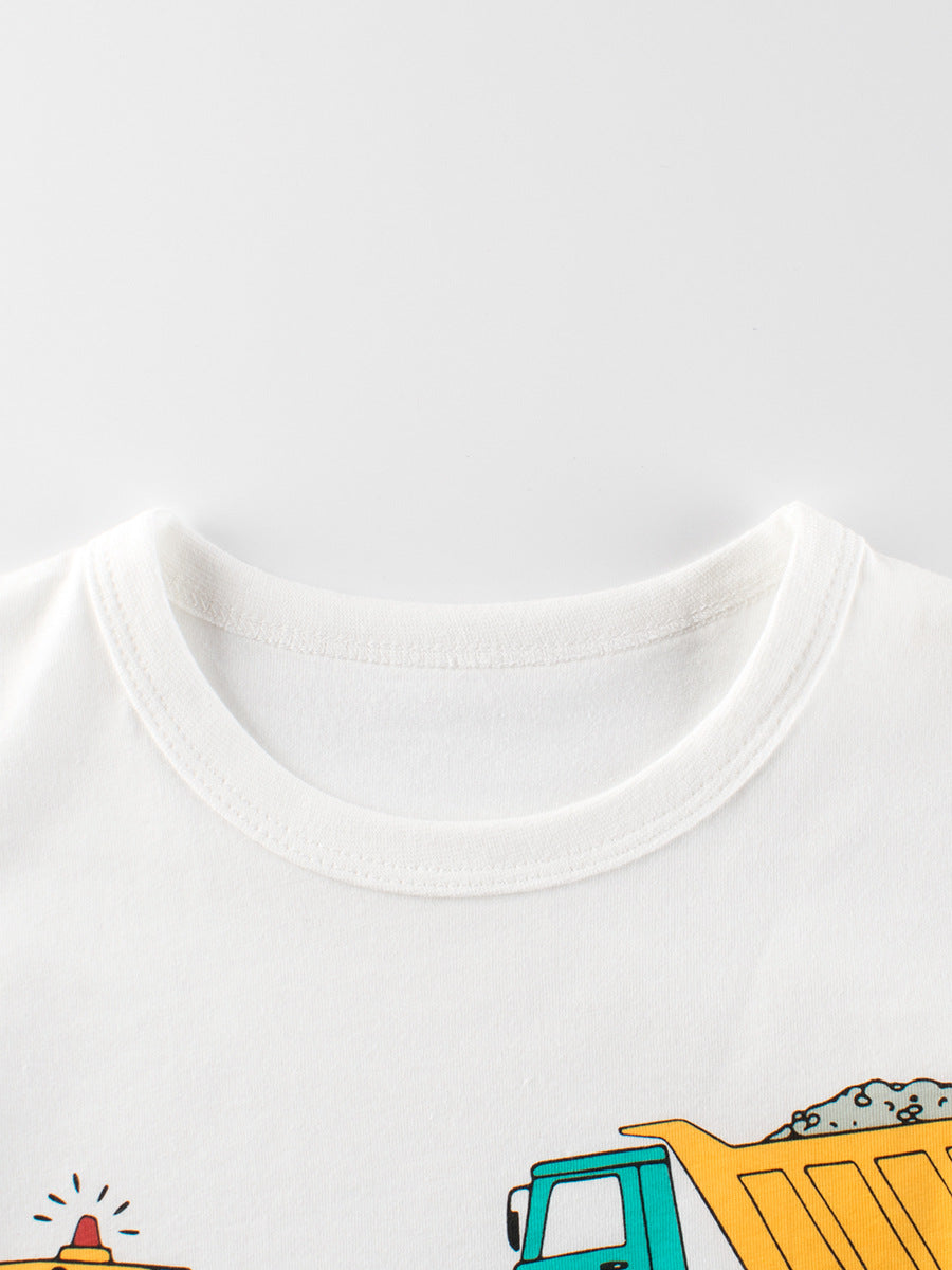 Boys T-Shirt featuring colorful construction vehicles print on a white cotton fabric, perfect for summer wear.
