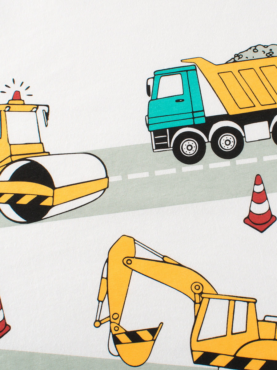 Boys T-Shirt featuring colorful construction vehicles print on a white cotton fabric, perfect for summer wear.