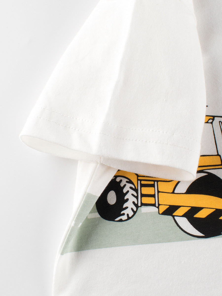 Boys T-Shirt featuring colorful construction vehicles print on a white cotton fabric, perfect for summer wear.