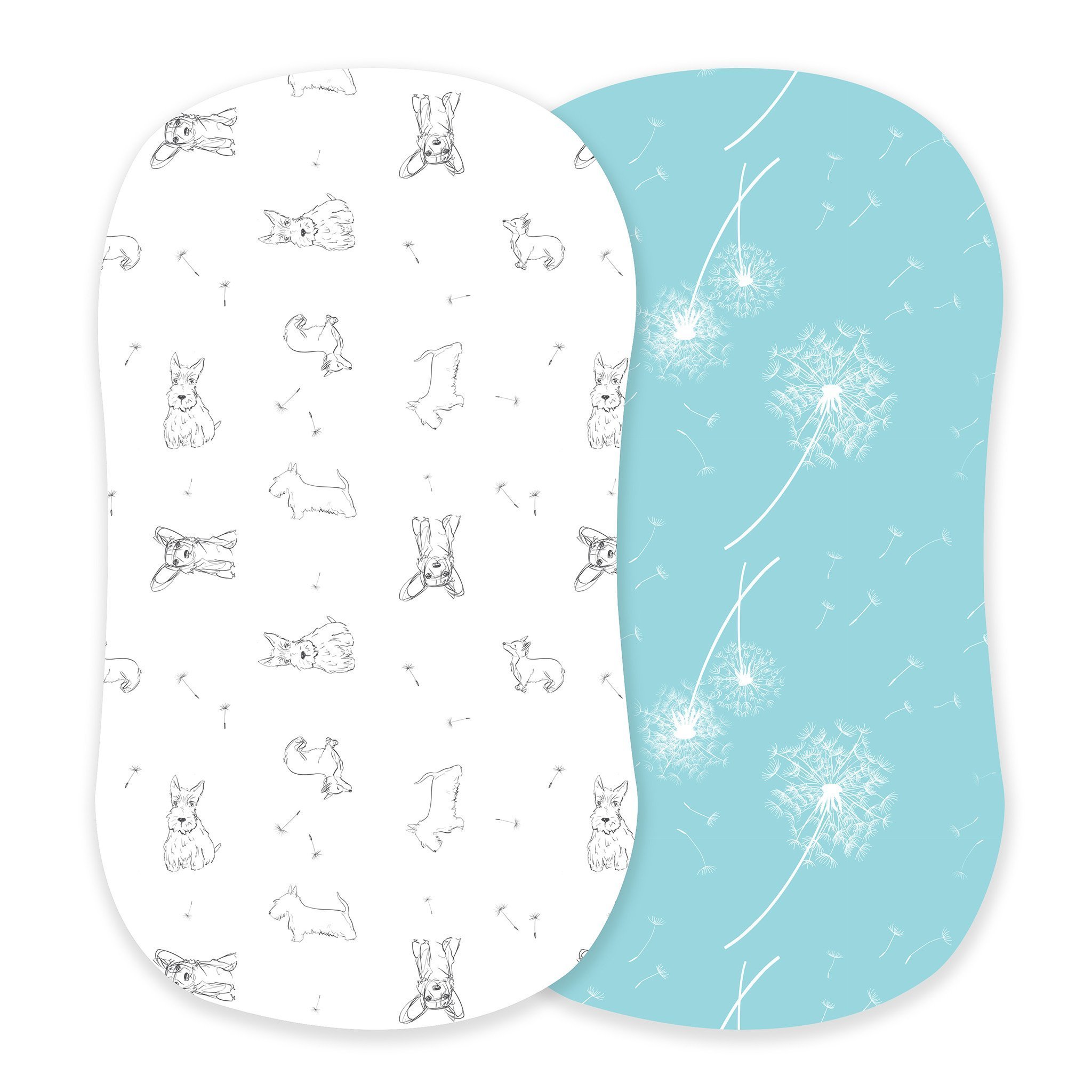 Corgi and dandelion seeds patterned bamboo changing pad cover, soft and breathable fabric for baby comfort.
