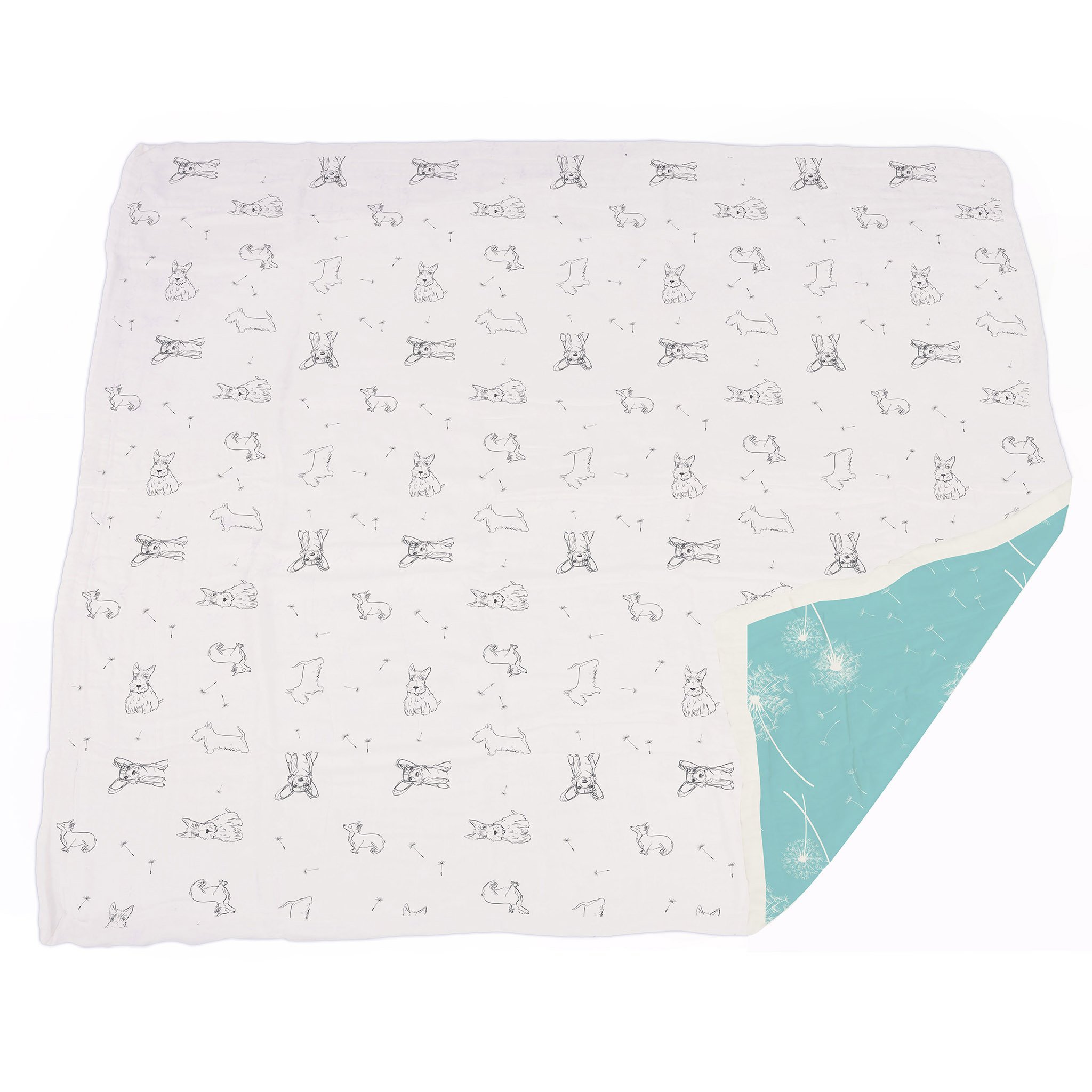 Corgi and Dandelion Seeds Bamboo Muslin Blanket, soft and cozy, featuring a playful design perfect for children.
