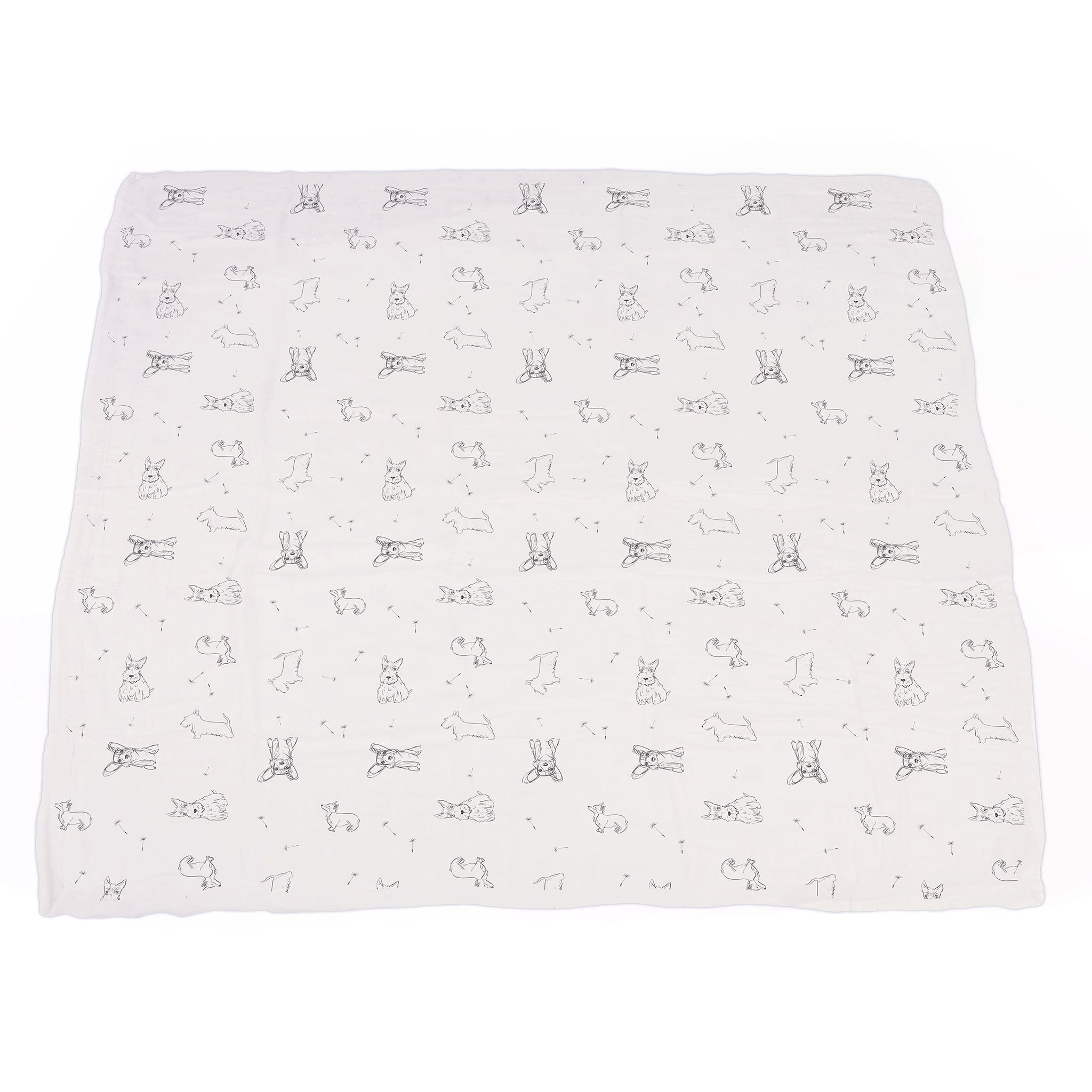 Corgi and Dandelion Seeds Bamboo Muslin Blanket, soft and cozy, featuring a playful design perfect for children.