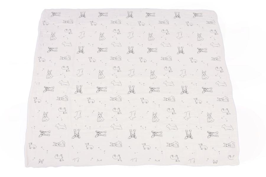 Corgi and Dandelion Seeds Bamboo Muslin Blanket, soft and cozy, featuring a playful design perfect for children.