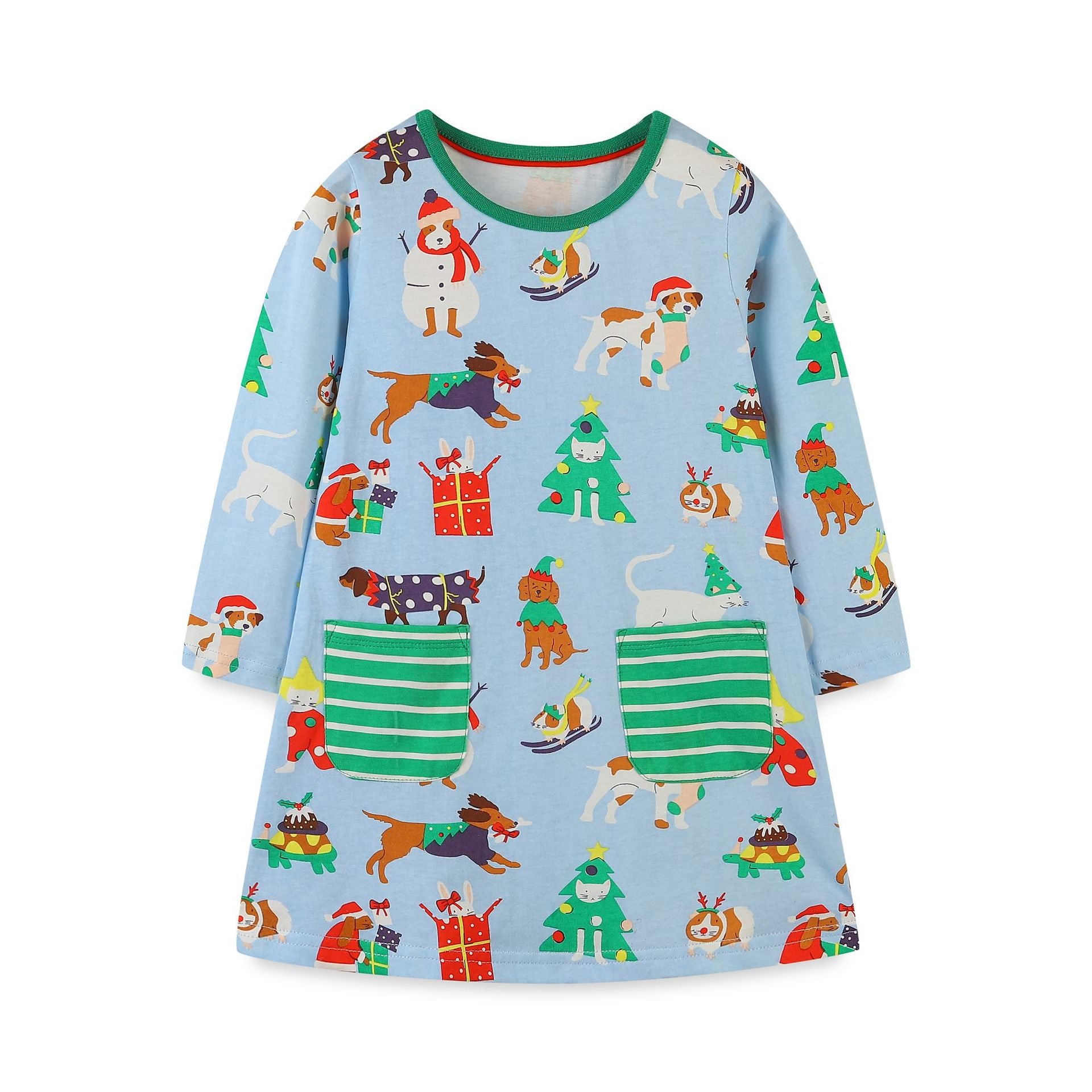 Cozy Long Sleeve Knit Dress for girls in pink and blue cotton patchwork with a pocket, featuring animal and cartoon patterns.