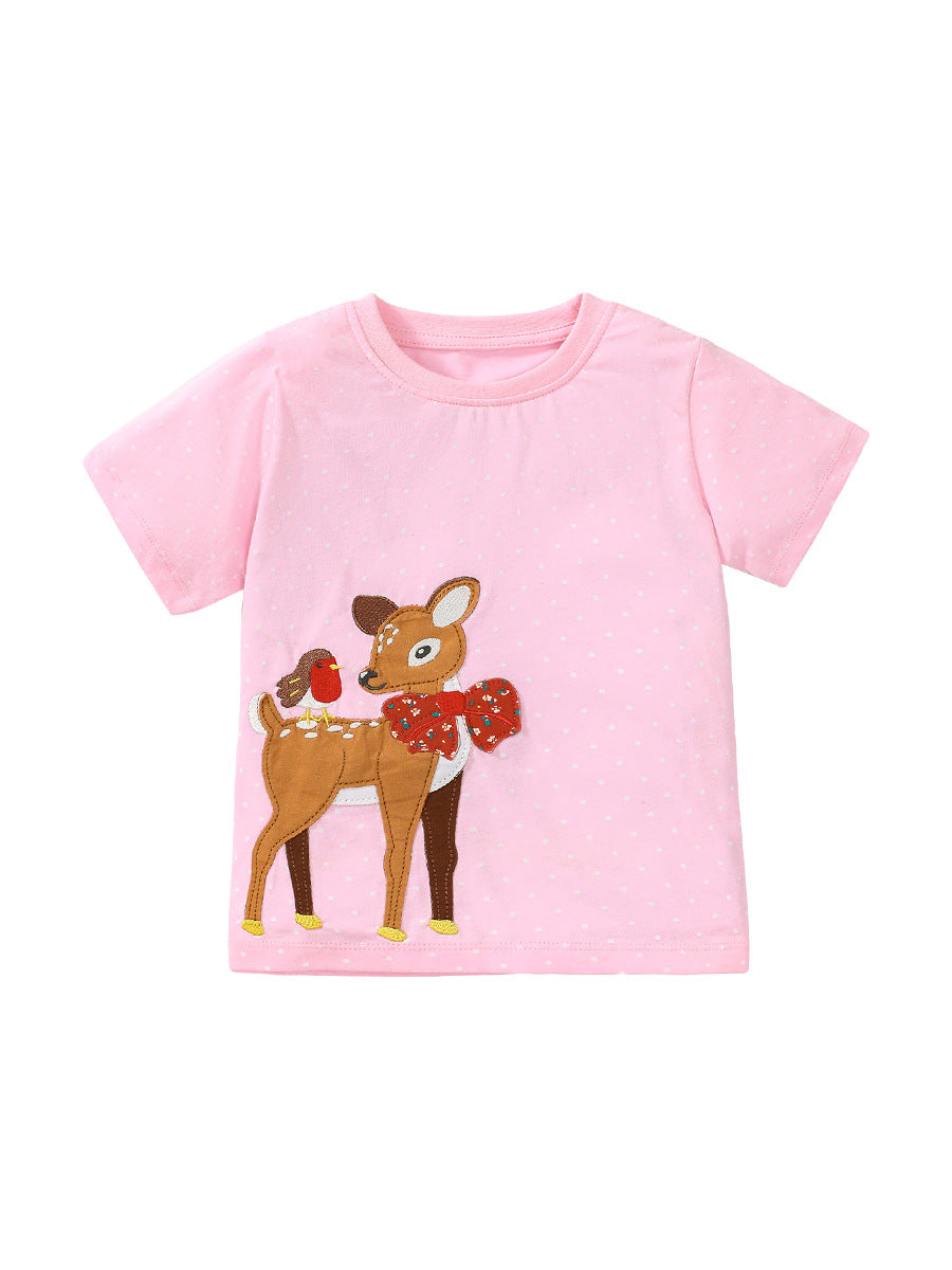 Pink crew neck t-shirt for girls featuring a deer and bird pattern, made from soft cotton, perfect for summer wear.